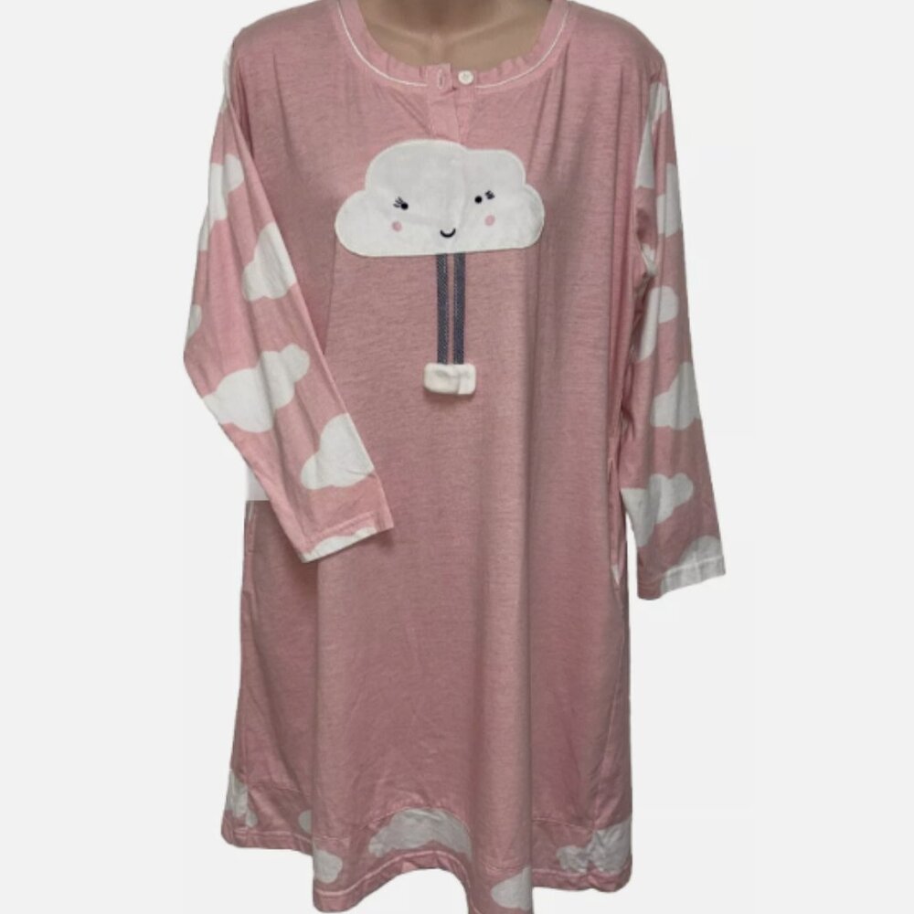 PIERRE CARDIN Nightgown Women’s Large Pink W/CLOUDS on Sleeves pockets Hong Kong